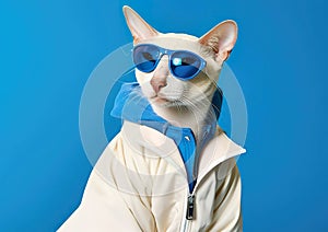 Cool cat posing in front of a blue background.