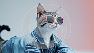 Cool cat posing wearing sunglasses and denim clothes