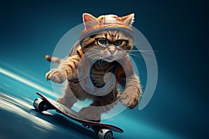 A cool cat rides a skateboard, oozing funkiness on blue