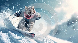Cool cat rides snowboard on ski slope of mountain in winter, funny pet moves with spray of snow. Concept of sport, background,