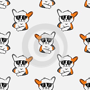 Cool cat seamless pattern with sunglasses funny cat cartoon pet, kitty mottle kitten doodle