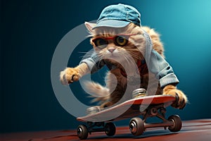 Cool cat on a skateboard against a blue backdrop, exuding funkiness