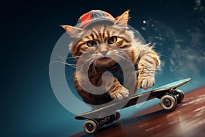 Cool cat, skateboarding with flair, stands out on the blue