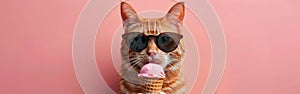 Cool Cat on Summer Vacation: Adorable Pet Eating Ice Cream in Sunglasses, Closeup on Apricot Background - Fun Holiday