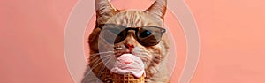 Cool Cat on Summer Vacation: Adorable Pet Eating Ice Cream in Sunglasses, Closeup on Apricot Background - Fun Holiday