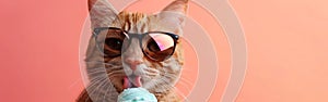 Cool Cat on Summer Vacation: Adorable Pet Eating Ice Cream in Sunglasses, Closeup on Apricot Background - Fun Holiday