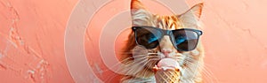 Cool Cat on Summer Vacation: Adorable Pet Eating Ice Cream in Sunglasses, Closeup on Apricot Background - Fun Holiday