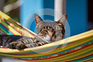 Cool Cat Sunbathing: Lighthearted Beach Getaway with Sunglasses and Hammock,