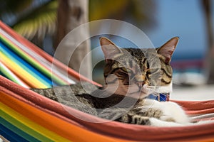 Cool Cat Sunbathing: Lighthearted Beach Getaway with Sunglasses and Hammock,