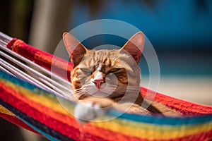 Cool Cat Sunbathing: Lighthearted Beach Getaway with Sunglasses and Hammock,