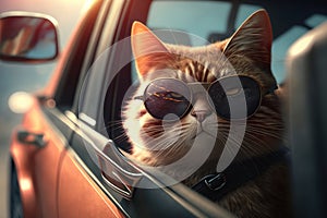 A cool cat in sunglasses rides in a car. Photorealistic shot generated by AI