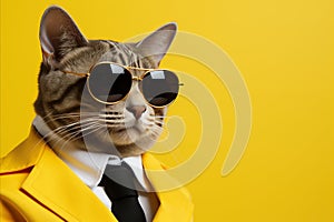 Cool cat in sunglasses and suit, isolated on yellow background with copy space on the left