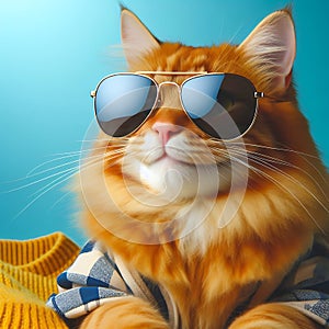 Cool Cat: Sunglasses-Wearing Feline on a Blue Background