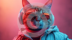 A cool cat in vintage glasses and headphones stands on a pink background and listens to music
