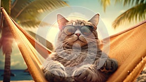 A cool cat wearing glasses is relaxing on a hammock on the beach,