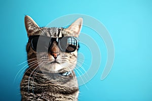 Cool Cat Wearing Shades Showcases Style On Vibrant Blue Backdrop