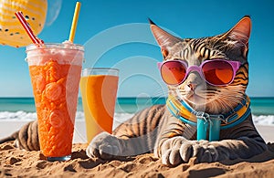 cool cat wearing sun glasses on the beach with the smoothie enjoying the summer vacation