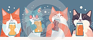 Cool cats drink beer and cocktails in the bar. Friends reunion. Beer festival. Flat illustration banner 7:3