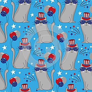 Cool cats in USA patriotic hat seamless childish pattern