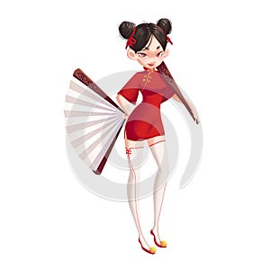 Cool Characters Series: Ancient Chinese Girl Holding Fans isolated on White Background