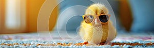 Cool Chick: A Funny Easter Greeting Card Concept with a Cute Little Baby Animal Wearing Sunglasses on Table