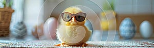 Cool Chick: A Funny Easter Greeting Card Concept with a Cute Little Baby Animal Wearing Sunglasses on Table