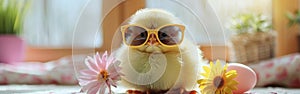 Cool Chick: Funny Easter Greeting Card with Cute Baby Animal Wearing Sunglasses on Table