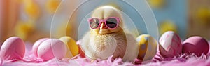 Cool Chick: Funny Easter Greeting Card with Cute Baby Animal Wearing Sunglasses on Table