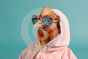 Cool chicken in pink pastel hoodies and glasses.