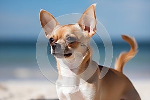 Cool chihuahua dog stands and looks on the sandy beach by the sea