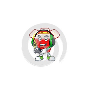 Cool chinese box noodle cartoon mascot with headphone and controller