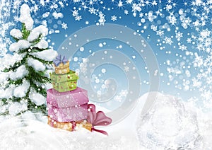 Cool christmas tree with present boxes in winter landscape with