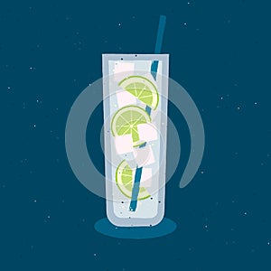 Cool cocktail lime ice, narrow glass straw, vector flat illustration, preparation of alcoholic summer drinks