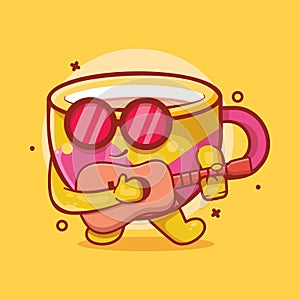Cool coffee cup character mascot playing guitar isolated cartoon in flat style design