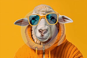 Cool cool sheep or ram in sunglasses and a knitted sweater.