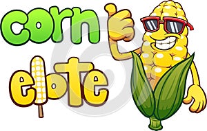 Cool corn character with text in English and Spanish