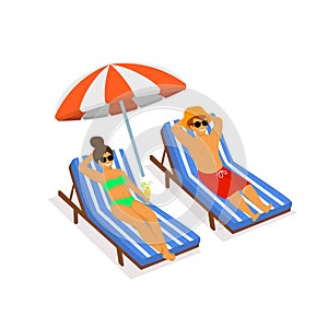 Cool couple chilling on sunchairs on the beach vacations scene