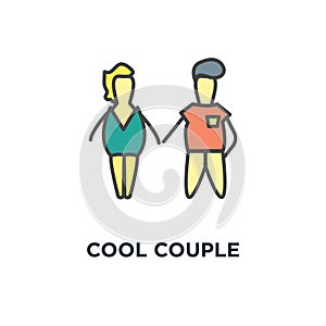 cool couple icon, symbol of man and woman resting on the beach, summer rest, sea vacation, cute funny characters on background,