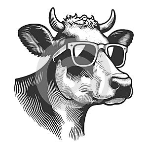 Cool Cow with Sunglasses engraving sketch vector