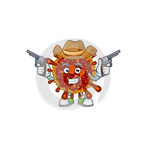 Cool cowboy cartoon design of deadly coronvirus holding guns