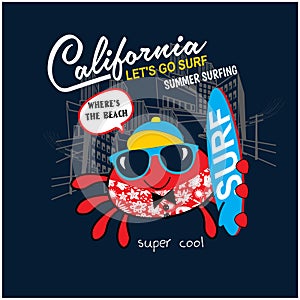 Cool crab surfer, vector print for children wear in custom colors, grunge effect in separate layer