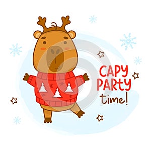 Cool cute capybara in Christmas sweater with deer antlers. Joyful party time. Vector illustration. Funny winter animal