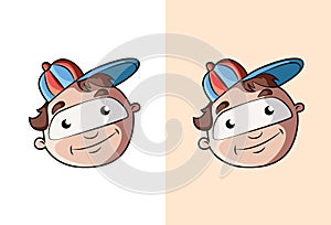 Cool and cute cartoon boy face with red blue hat.
