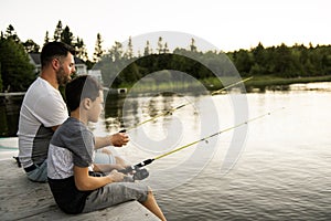 Cool Dad and son fishing on lake
