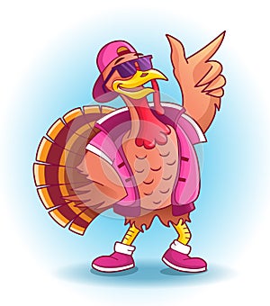 Cool dancing turkey in sunglasses and cap. Vector illustration for thanksgiving day photo