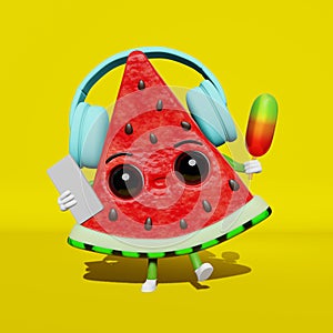 Cool dancing watermelon in earphones listening to music popsicle ice cream creative 3D character Summer fun party banner