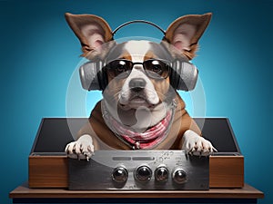 Cool dj dog listening to music with headphones on and sunglasses