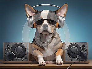 Cool dj dog listening to music with headphones on and sunglasses