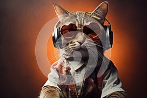 Cool DJ Ginger Cat with Sunglasses and Headphones. Generative AI