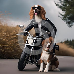 A cool dog donning a leather biker jacket and riding a miniature motorcycle3